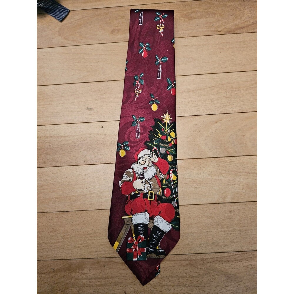 Vintage Santa Claus Christmas Tree Novelty Necktie Burgundy Holiday Party Tie